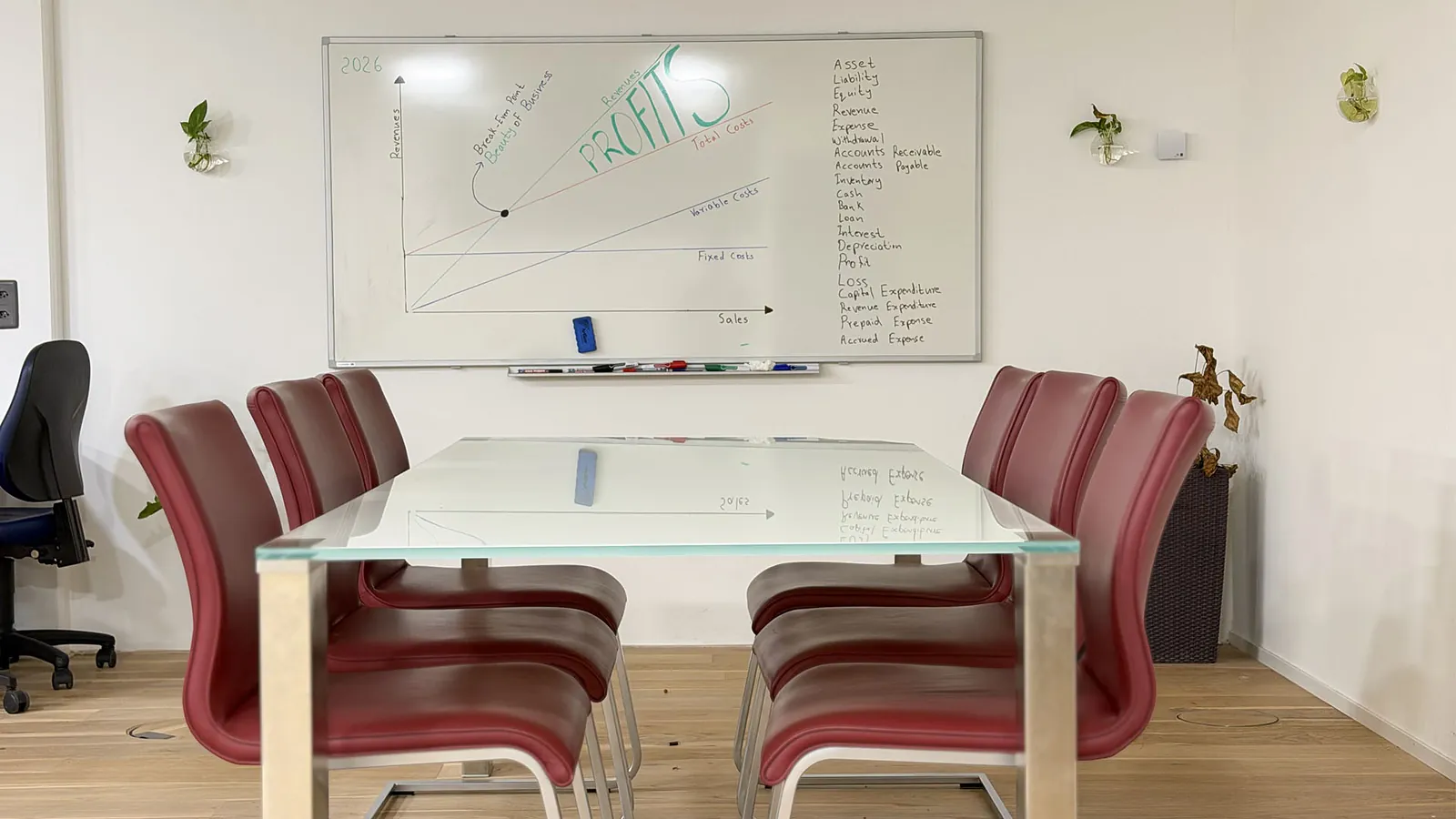 Meeting table with red chairs and whiteboard at Webzenz