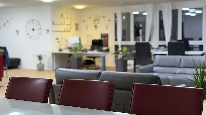 Team area with meeting table, lounge and workstations at Webzenz